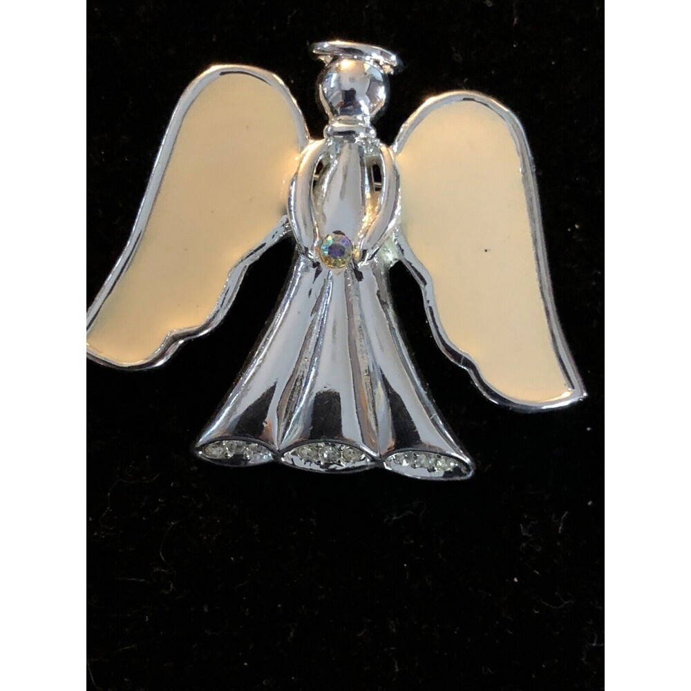 Vintage Kenneth Cole Angel Brooch/Pin Silver Tone Rhinestones Enamel Costume